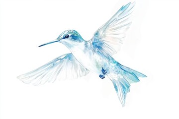 Obraz premium A beautiful watercolor illustration of a hummingbird in flight, showcasing delicate details and vibrant blue hues.