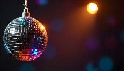 Obraz premium Bright Spotlight Highlights Colorful Disco Ball Reflecting Vibrant Colors in Darkness