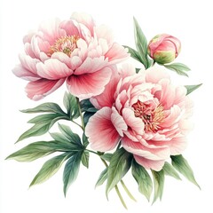 Beautiful Pink Peonies with Lush Green Leaves on White Background