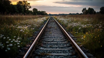 Fototapeta premium Sunset journey along countryside railway track lush fields landscape peaceful environment vanishing path