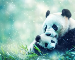 Fototapeta premium A panda cuddling her cub while lying in a field of bamboo.
