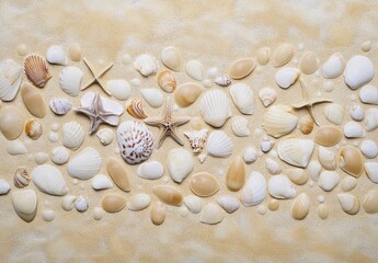Obraz premium Variety of Shells and Starfish on Sandy Beach Background