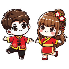 Cute boy and girl celebrate Chinese New Year. Cartoon character, illustration,