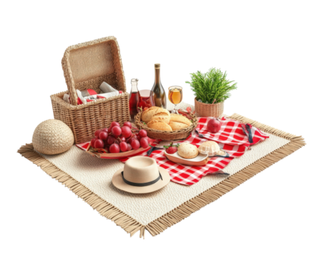 picnic setup featuring wicker basket, red checkered blanket, fruits, drinks, and snacks creates delightful outdoor dining experience. Enjoy warmth of nature