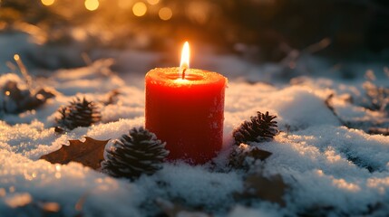 A Lit Candle Amidst Winter Snow And Pine Cones