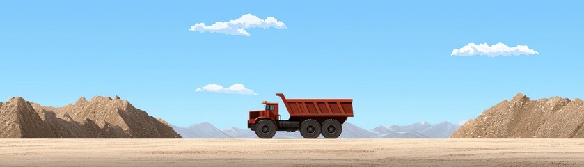 Fototapeta premium A red dump truck drives across a vast, barren landscape under a clear blue sky with a few clouds and distant mountains.