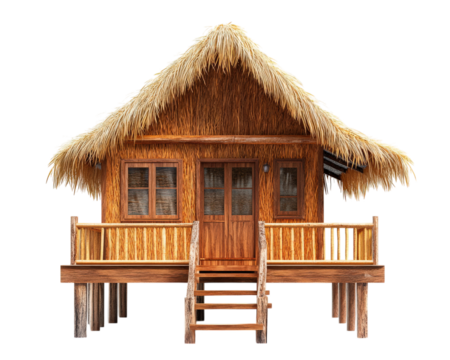 beachside bungalow with wooden frame and thatched roof, featuring cozy porch and steps leading up. This charming structure evokes tropical paradise vibe