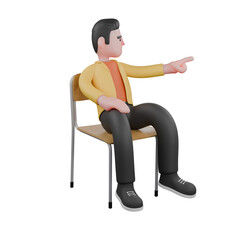 Designer Skills Set Characters 3D Model. A male designer sits with his left hand pointing to the side while looking at it. Cartoon Style