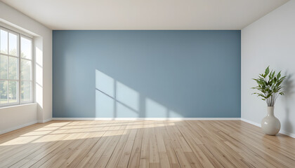 Empty room with light blue accent wall, large window, and wooden floor. Sunlight casts shadows on the wall and floor. Minimalist interior design with a single plant in a vase.