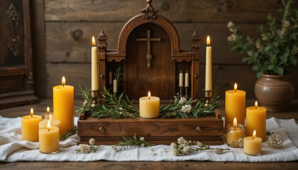 A serene candle display with greenery for a peaceful ambiance.