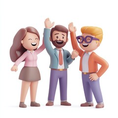 Fototapeta premium Collaborative victory, professionals celebrating teamwork with high fives, dynamic office, 3D illustration