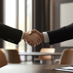 Business handshake, professional attire in elegant meeting room, 3D illustration