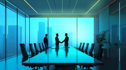 Obraz premium Collaboration achieved, handshake in hightech boardroom, 3D illustration