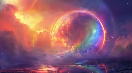 A detailed illustration of a rainbow bursting from a glowing sphere, surrounded by mist.