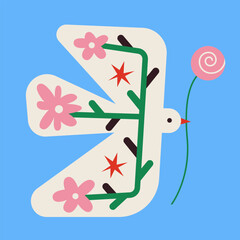 Folk spring bird holding flower. Nordic picture for poster, card, t-shirt. Flat vector illustration.