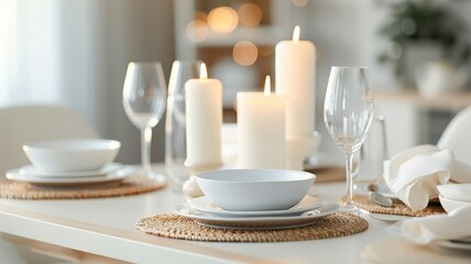 A serene dining setting featuring white dishes, wine glasses, and glowing candles, creating an inviting atmosphere for a meal.