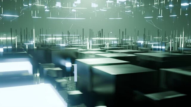 A geometric luminous sphere surrounded by platforms and lights in an abstract technological environment. Video loop seamless synchronized at 120 bmp
