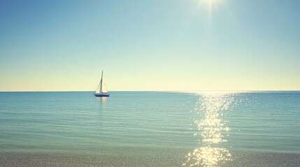 Solitude Sailboat on Calm Ocean Waters Under a Bright Sun