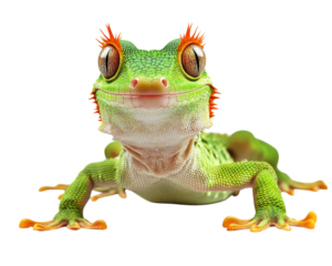 vibrant green crested gecko with striking orange features, showcasing its unique texture and expression against transparency background. This captivating reptile is perfect for nature enthusiasts