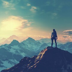 Fototapeta premium Mountain explorer, rear view of woman embracing the horizon, 3D illustration