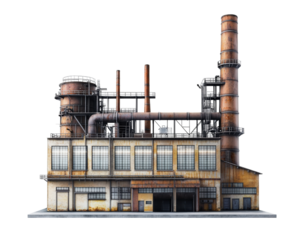 Industrial factory building with metal pipes and smokestacks, showcasing vintage design. structure features large windows and weathered exterior, reflecting its industrial heritage
