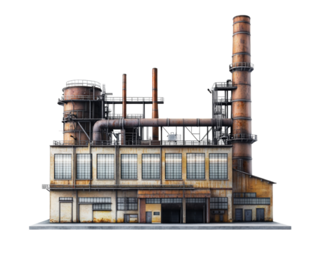 Industrial factory building with metal pipes and smokestacks, showcasing vintage design. structure features large windows and weathered exterior, reflecting its industrial heritage