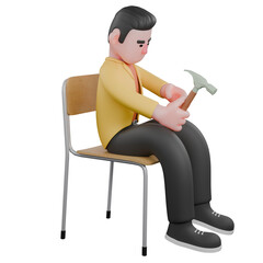 Designer Roles in Art Set 3D Model. A male designer sits holding a hammer in his right hand while looking at it. Cartoon Style