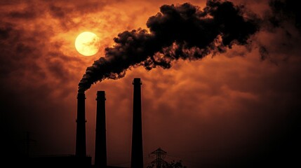 Obraz premium A close-up of industrial chimneys spewing black smoke into the atmosphere, with the sun barely visible through the thick haze.
