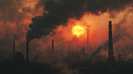 A close-up of industrial chimneys spewing black smoke into the atmosphere, with the sun barely visible through the thick haze.