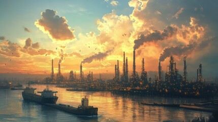 Naklejka premium A coastal oil refinery with large tankers docked nearby, loading crude oil through extensive pipeline networks under a bright sky.