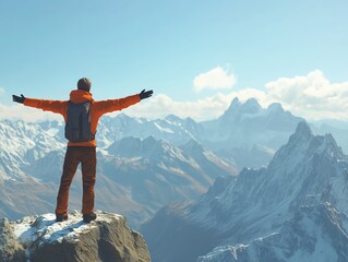 Obraz premium Solo traveler on summit, outstretched arms and breathtaking vista, 3D illustration