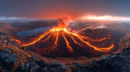 Fototapeta premium Eruption of a volcano at sunset, lava flows down the slopes, smoke and ash rise into the sky.