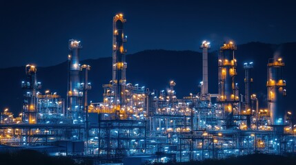 Fototapeta premium A futuristic oil refinery with advanced robotic arms and glowing blue lights, surrounded by a high-tech industrial landscape.