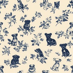Fototapeta premium A charming pattern featuring various dog illustrations amidst leafy designs, ideal for fabric or wallpaper. seamless pattern