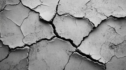 Distressed gray cement wall forms a retro backdrop. Ancient concrete surface ideal for wallpapers or graphic design. Aged wall with visible cracks and fissures