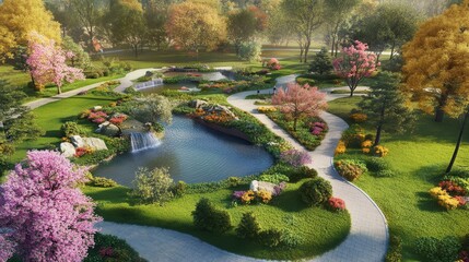 Fototapeta premium Beautiful Spring Landscape with Colorful Flowers and Water Features