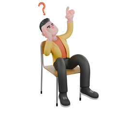 Full Designer Workflow Characters 3D Model. A male designer sits with his right hand holding his cheek, and his left hand pointing up, an expression of not knowing. Cartoon Style