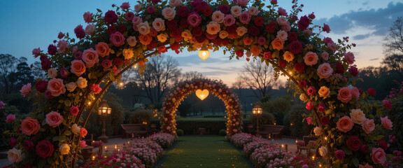 Fototapeta premium Romantic garden pathway adorned with floral arches and soft lighting.