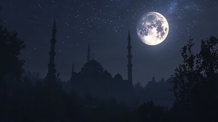 Naklejka premium Mesmerizing mosque illuminated under the night sky, celebrating ramadan kareem in all its glory