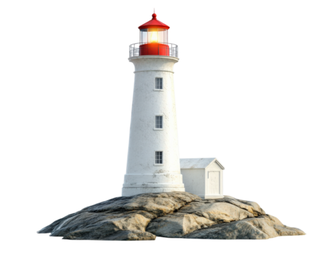 white lighthouse with red top stands on rocky terrain, glowing brightly. This iconic structure symbolizes guidance and safety for sailors navigating sea