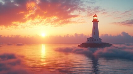 Luminous lighthouse amidst sunrise fog, serene seascape.