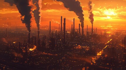 A sprawling oil refinery complex at sunset, with intricate pipelines and towering chimneys emitting smoke, surrounded by industrial infrastructure and a vibrant orange sky