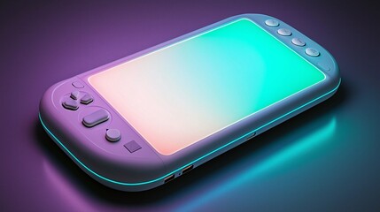Portable console gaming device, vibrant neon background, studio shot, app demo