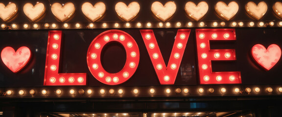 Bright marquee sign displaying the word "LOVE" with hearts.