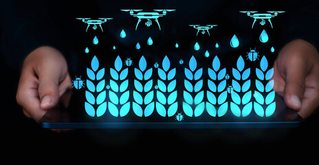 Tablet interface displaying smart farming icons with advanced agriculture technology; modern crop monitoring, pest control, and precision farming innovations in a vibrant wheat plantation setting.