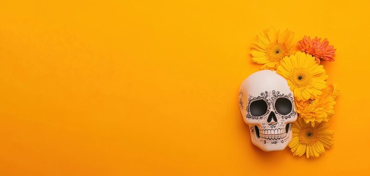 Colorful sugar skull adorned with vibrant flowers on a bright orange background bold and festive design celebrating Day of the Dead traditions