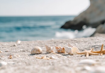 Close Up of Shells and Starfish on a Sandy Beach Shoreline