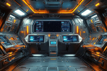 Obraz premium Futuristic spaceship interior with control panels and screens.
