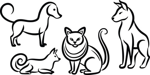 Collection of pet icons drawn with contour line on white background. Set of domestic animal linear symbols
