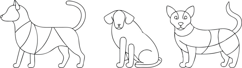 Collection of pet icons drawn with contour line on white background. Set of domestic animal linear symbols
